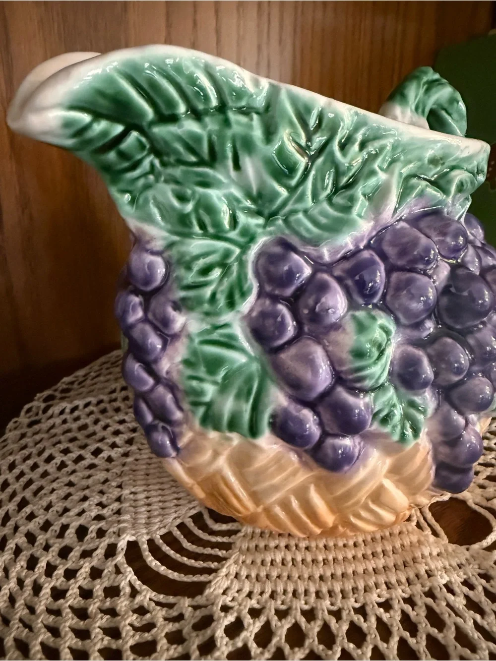 Hand-Painted Grape Ceramic Pitcher in Green, Purple and Tan